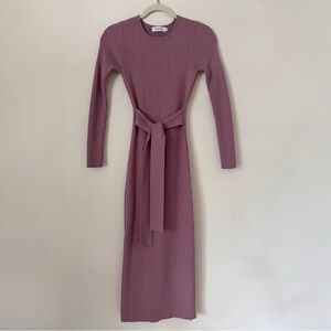 ANRABESS Crewneck Tie Waist Slim Fit Knit Slit Midi Dress, Purple